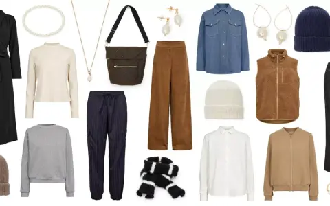 En damkapselgarderob med kläder i neutrala färger: svart klänning, beige polotröja, grå sweatshirt, bruna manchesterbyxor, randiga byxor, jeans, jeansskjorta, vit skjorta, brun fleeceväst, beige bomberjacka, mössor, halsduk, väska och smycken.
