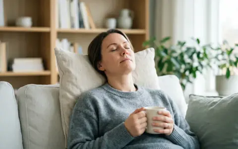 Kvinna vilar med en kopp, kanske en huskur mot bihåleinflammation. Avslappnad stämning hemma.