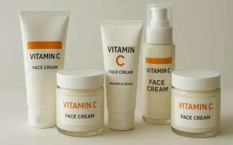 Fem förpackningar med ansiktskräm, alla märkta med "Vitamin C". En flaska med pump och burkar samt tuber. Perfekt för att ge huden en dos c vitamin sol.