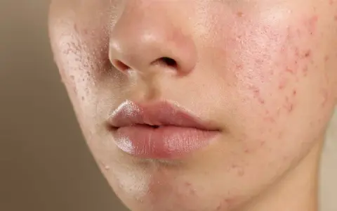 Närbild på en tonårings ansikte med synlig acne. Huden är rödflammig och har flera finnar och pormaskar.