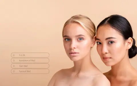Två kvinnor med olika hudtoner bredvid varandra. En textruta frågar "hur vet man vilken hudtyp man har?" med alternativ som fet, kombinerad, torr och normal hud.