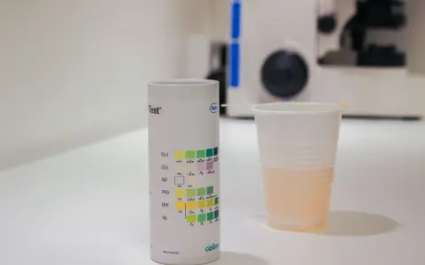 Urinprov för att undersöka klamydia symtom hos män. Ett teströr med färger och en mugg med urin står på ett bord.