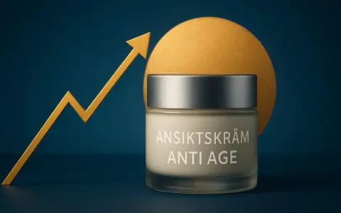 En burk ansiktskräm "Anti Age" står framför en gul cirkel. En gul pil som pekar uppåt symboliserar framgång. Krämen är icke komedogen.