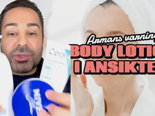 Man visar upp body lotion i ansiktet. Frågan är om det är bra för huden?