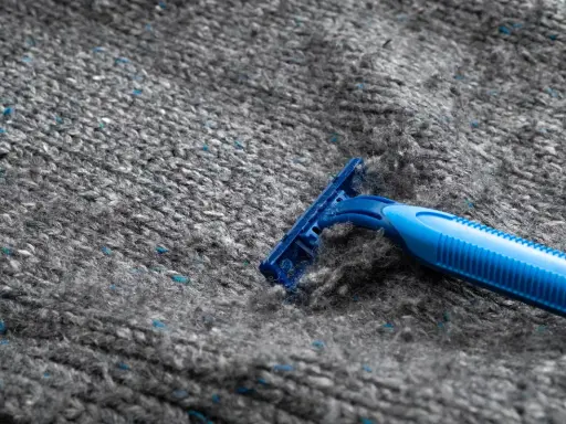 En blå rakhyvel tar bort noppor från en grå stickad tröja i polyester.