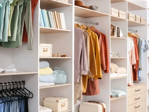 En garderob som behöver rensas. Kläder på galgar, böcker, lådor och accessoarer organiserade på hyllor.