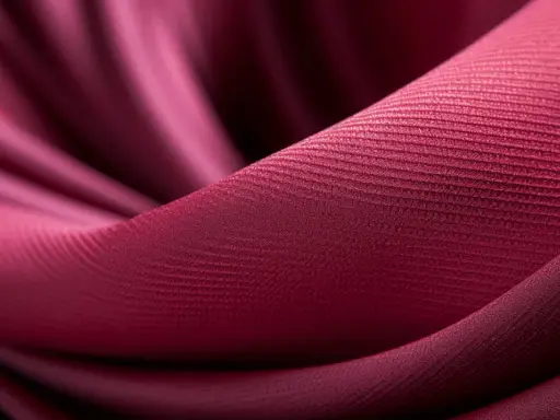 Mörkröd textil med veck och en fin ribbad textur. En visuell presentation av olika tyger.