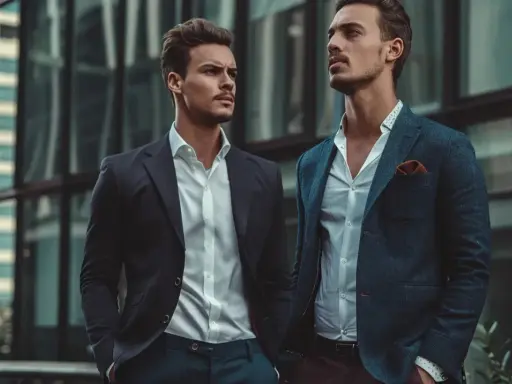 Två stiliga män i kostym framför en modern byggnad. En perfekt stilguide herr för den moderna mannen.