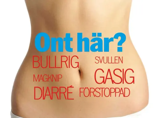 En mage som känns bubblig efter magsjuka kan vara besvärlig. Texten "Ont här?" omger ord som bullrig, svullen, magknip, gasig, diarré och förstoppad.