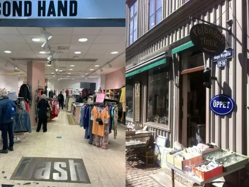 Två scener från stora loppisar: en modern second hand-butik med kläder och en antikaffär med skylten "Öppet".