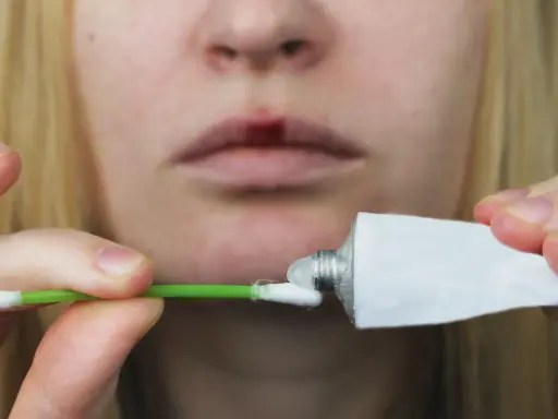 Person applicerar salva på ett sår på läppen, liknande hur man behandlar herpes i underlivet.
