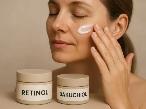 Kvinna applicerar kräm på ansiktet. Två burkar syns, en märkt "Retinol" och en "Bakuchiol". Vissa kan uppleva retinol biverkningar.