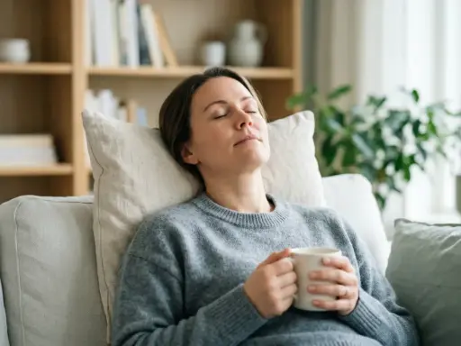 Kvinna vilar med en kopp, kanske en huskur mot bihåleinflammation. Avslappnad stämning hemma.