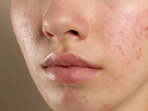 Närbild på en tonårings ansikte med synlig acne. Huden är rödflammig och har flera finnar och pormaskar.