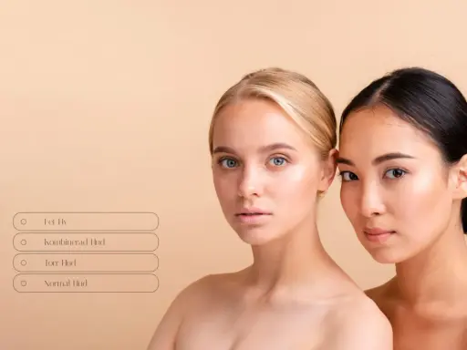 Två kvinnor med olika hudtoner bredvid varandra. En textruta frågar "hur vet man vilken hudtyp man har?" med alternativ som fet, kombinerad, torr och normal hud.