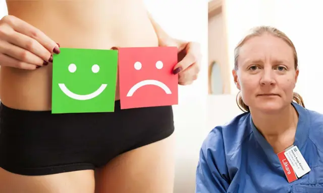 Kvinna håller upp glada och ledsna ansikten. Läkare i blå kläder. Kan klumpiga flytningar vara ett tecken på något?