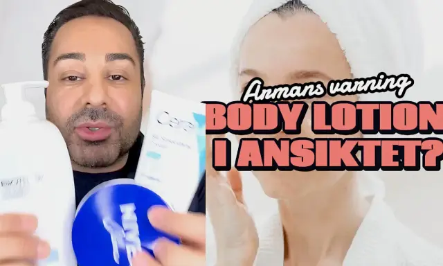 Man visar upp body lotion i ansiktet. Frågan är om det är bra för huden?