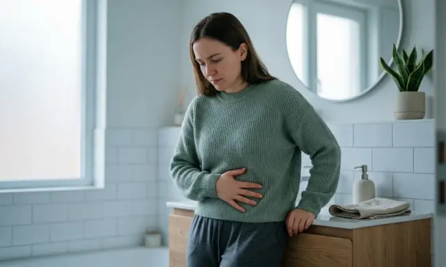 Kvinna med handen på magen, känner obehag som kan kopplas till mykoplasma i underlivet.