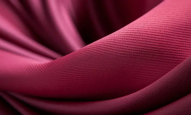 Mörkröd textil med veck och en fin ribbad textur. En visuell presentation av olika tyger.