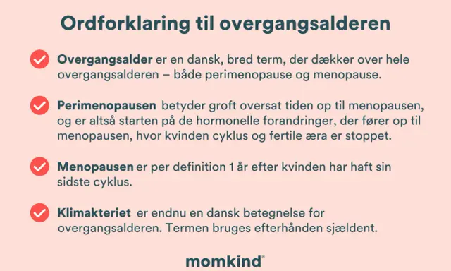 Förklaring av övergångsaldern, perimenopaus, menopaus och klimakteriet. Klimakteriet är en äldre term för övergångsaldern.