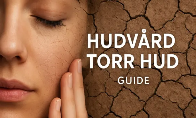 Närbild på en ansikte med torr hud, som liknar sprickor i torr jord. Texten "HUDVÅRD TORR HUD GUIDE" syns.
