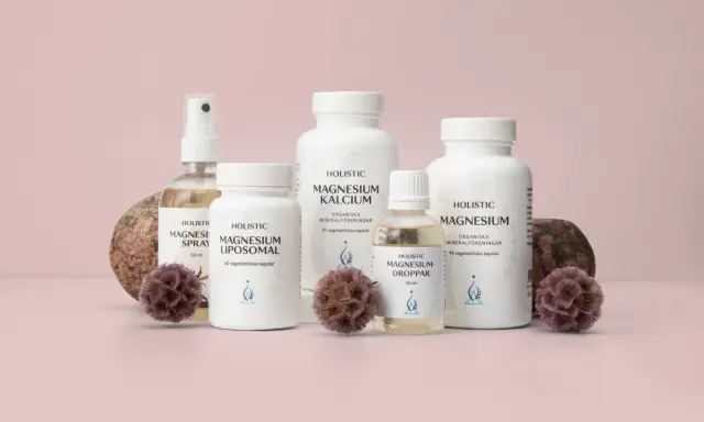 Holistic magnesiumprodukter, inklusive spray, liposomala kapslar, droppar och magnesiumkalcium. Kan vara ett stöd vid klimakteriet.