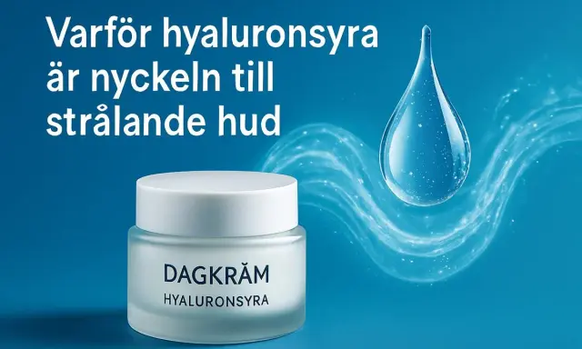 En burk dagkräm med texten "Hyaluronsyra" bredvid en stor vattendroppe. Texten på bilden lyder: "Varför hyaluronsyra är nyckeln till strålande hud.