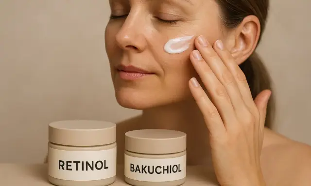 Kvinna applicerar kräm på ansiktet. Två burkar syns, en märkt "Retinol" och en "Bakuchiol". Vissa kan uppleva retinol biverkningar.