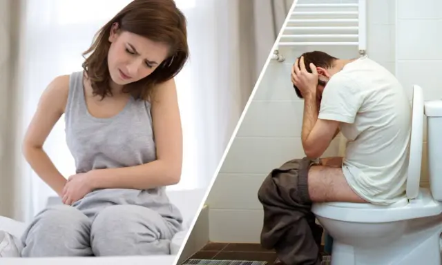 Kvinna med magont och man på toaletten, båda upplever magkatarr och diarré.