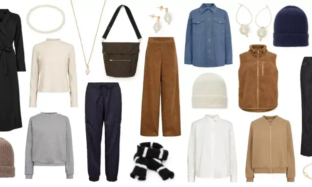 En damkapselgarderob med kläder i neutrala färger: svart klänning, beige polotröja, grå sweatshirt, bruna manchesterbyxor, randiga byxor, jeans, jeansskjorta, vit skjorta, brun fleeceväst, beige bomberjacka, mössor, halsduk, väska och smycken.