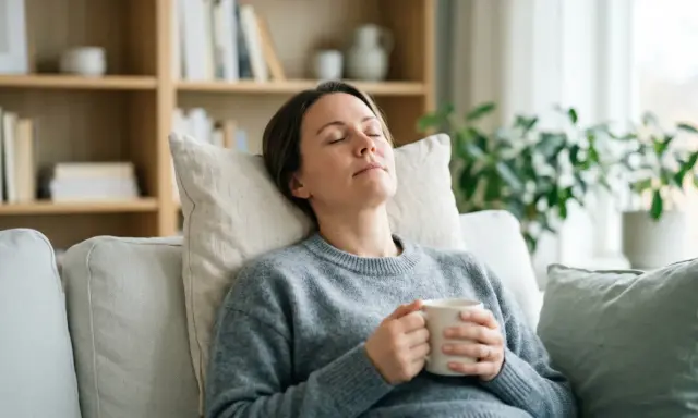 Kvinna vilar med en kopp, kanske en huskur mot bihåleinflammation. Avslappnad stämning hemma.