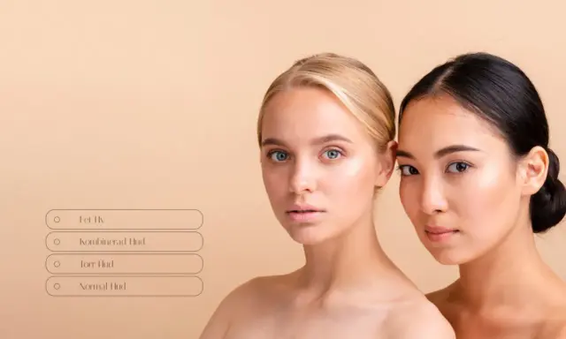 Två kvinnor med olika hudtoner bredvid varandra. En textruta frågar "hur vet man vilken hudtyp man har?" med alternativ som fet, kombinerad, torr och normal hud.