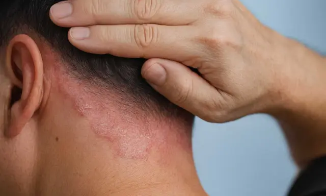 Nära bild på en persons nacke och öra med rodnad och fjällande hud som indikerar mild psoriasis.