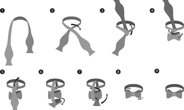 Steg-för-steg-guide för hur du knyter en fluga. Illustrationer visar hur du formar och drar åt tyget för att skapa en perfekt fluga.