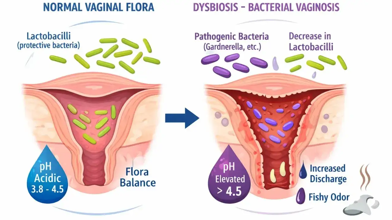 Illustration visar normal vaginal flora med skyddande laktobaciller och en obalans som leder till bakteriell vaginos med patogena bakterier, ökad flytning och fiskig lukt.
