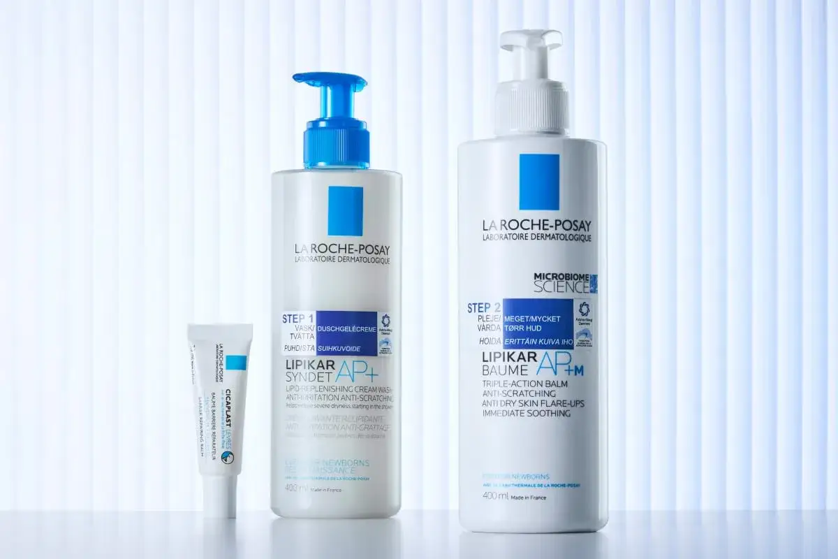 La Roche-Posay Lipikar-produkter f&ouml;r torr hud, inklusive tv&auml;ttkr&auml;m och balm. Perfekt f&ouml;r att lindra torrhet och kl&aring;da, &auml;ven f&ouml;r nyf&ouml;dda.