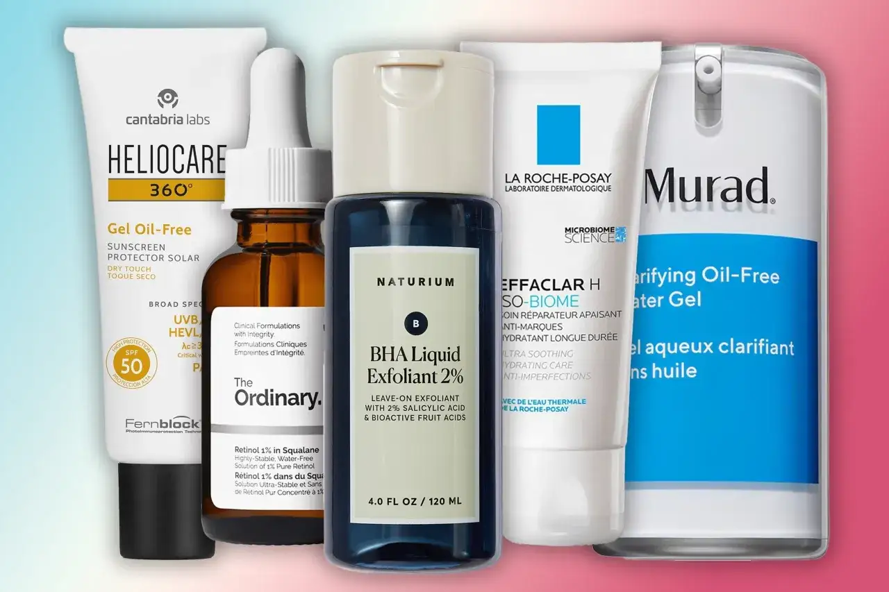 Hudv&aring;rdsprodukter f&ouml;r att bek&auml;mpa grov akne: solskydd, BHA-exfoliering, retinol och &aring;terfuktande kr&auml;m.