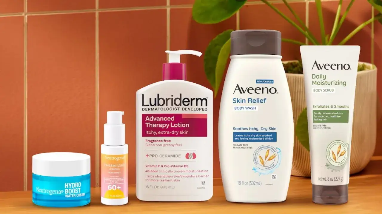 Produkter f&ouml;r torr hud kropp: Lubriderm, Aveeno och Neutrogena. Hj&auml;lper mot kl&aring;da och &aring;terfuktar.
