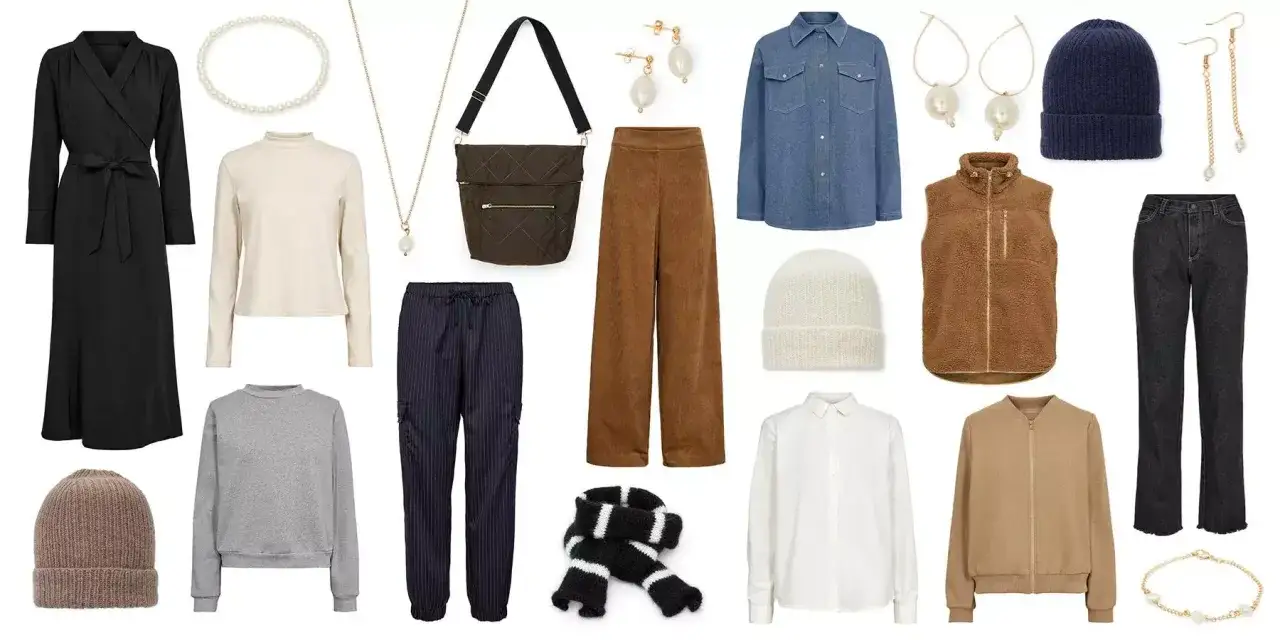 En kapselgarderob lista med kl&auml;der och accessoarer i neutrala f&auml;rger: svart kl&auml;nning, stickade tr&ouml;jor, byxor, jeans, jacka, v&auml;st, m&ouml;ssor, halsduk, v&auml;ska och smycken.