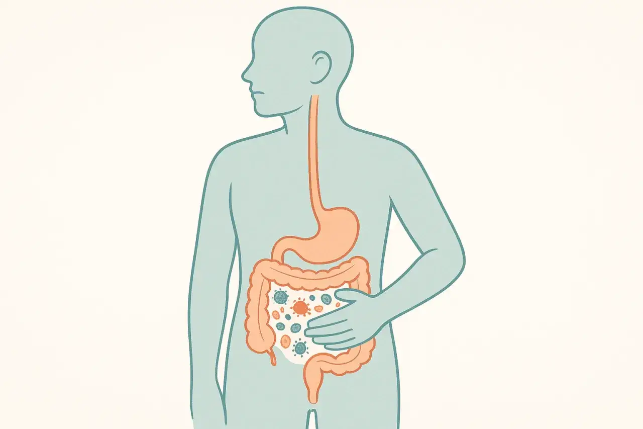 Illustration av en person med en mage som känns bubblig efter magsjuka, med illustration av bakterier i tarmen.