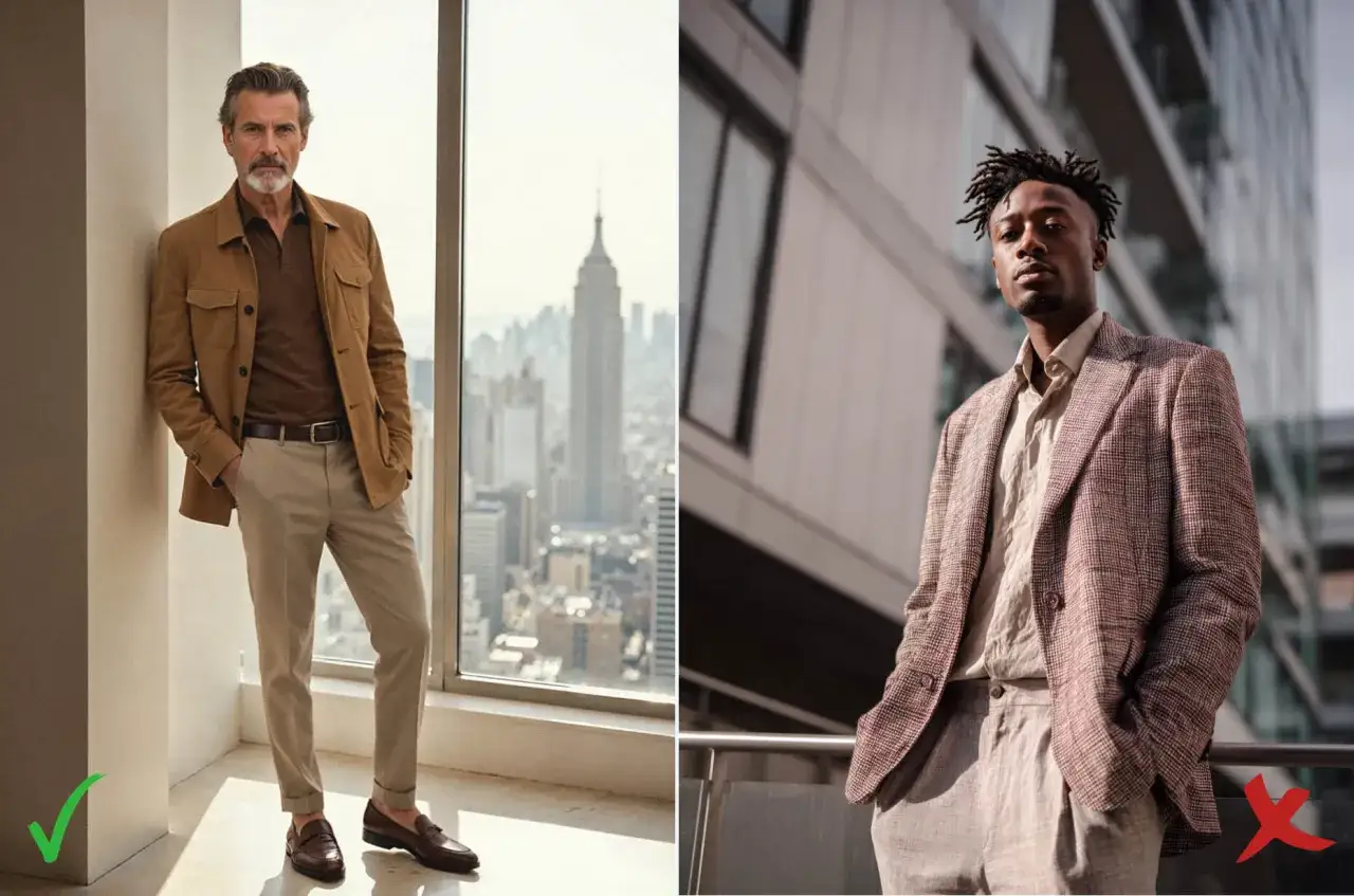 Man i brun jacka och chinos, perfekt f&ouml;r en smart casual look. Bredvid en man i rutig kavaj och linneskjorta.