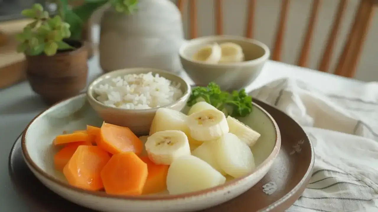 En sk&aring;l med ris, mor&ouml;tter, banan och potatis. Perfekt f&ouml;r den som &auml;r d&aring;lig i magen och beh&ouml;ver l&auml;ttsm&auml;lt mat.