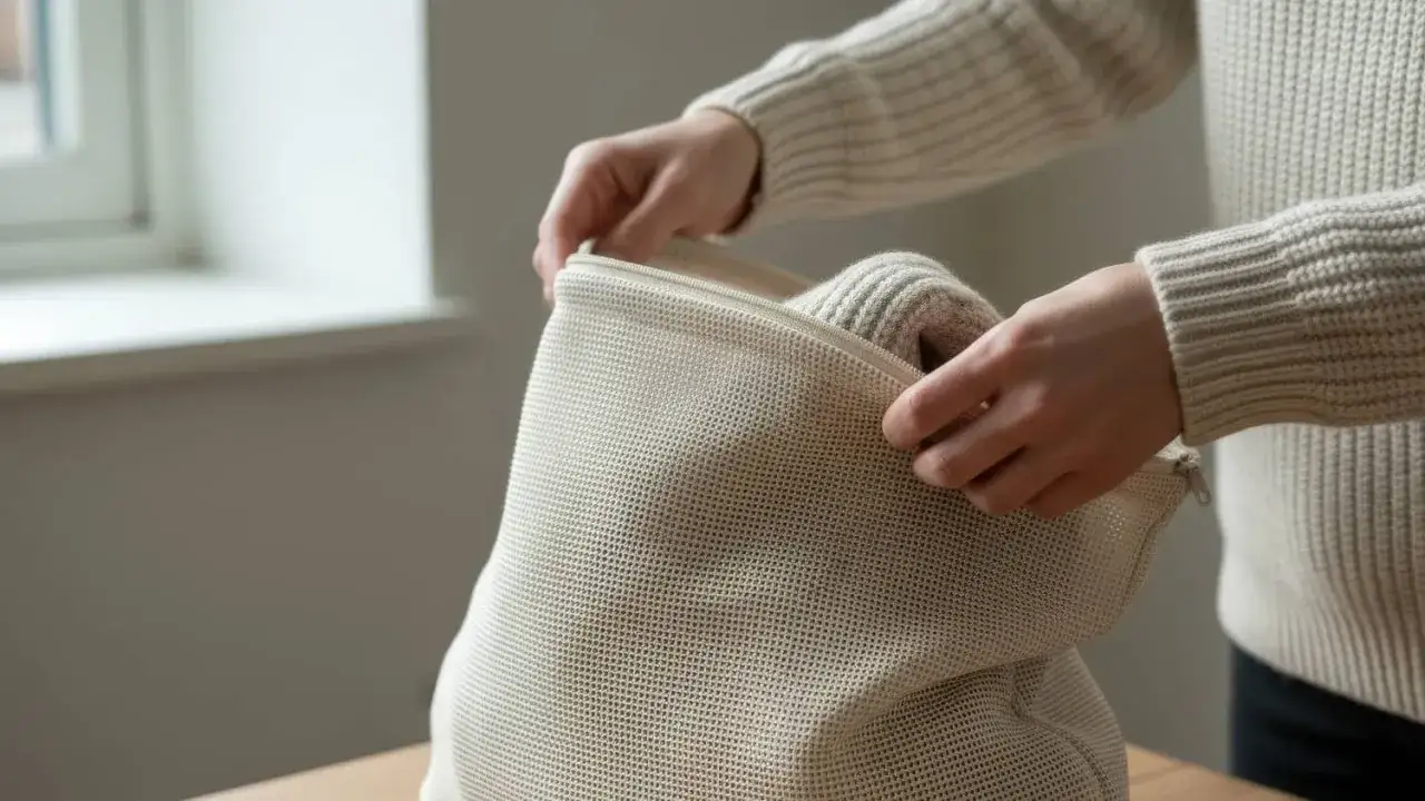 H&auml;nder stoppar ner en stickad tr&ouml;ja i en n&auml;tp&aring;se, f&ouml;r att undvika att den krymper merinoull vid tv&auml;tt.