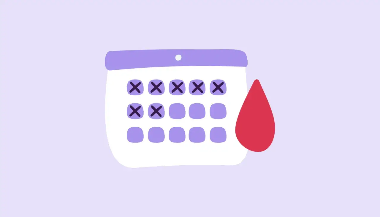 En kalender med markerade dagar och en blodsdroppe, som symboliserar oregelbunden mens.