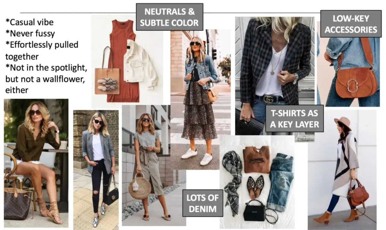 Kl&auml;der i neutrala f&auml;rger och subtila f&auml;rger, med fokus p&aring; denim och accessoarer. Hitta din stil med dessa avslappnade men eleganta outfits.