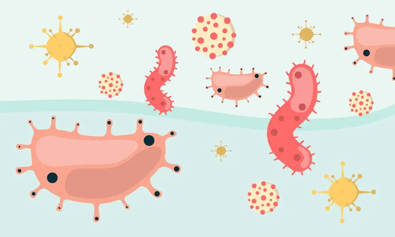 Illustration av olika virus, som kan orsaka halsfluss. De &auml;r tecknade i rosa och gult mot en ljusbl&aring; bakgrund.