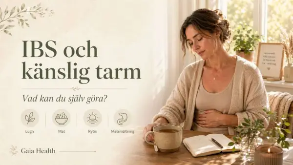 Kvinna med handen på magen, text om IBS och känslig tarm. Fokus på lugn, mat, rytm och matsmältning.