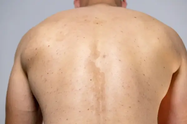 Rygg med fläckar och utslag, troligen pityriasis versicolor.