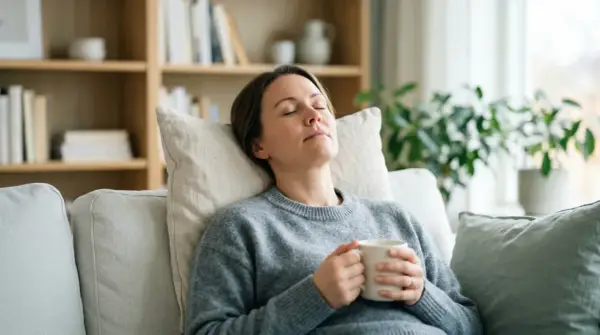 Kvinna vilar med en kopp, kanske en huskur mot bihåleinflammation. Avslappnad stämning hemma.